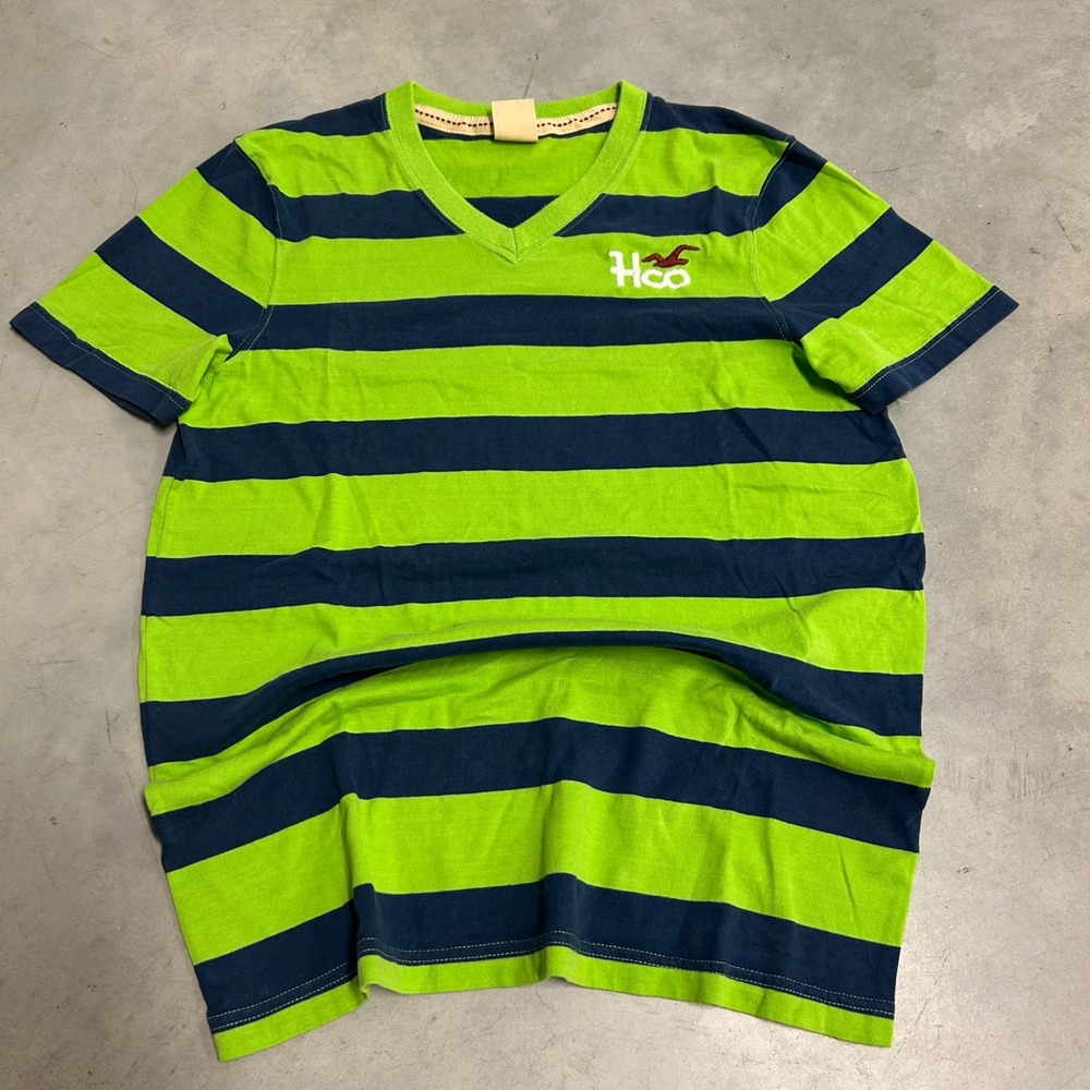 Hollister Mens V-Neck T-Shirt M Green Navy Blue Striped Hco Logo Short Sleeve